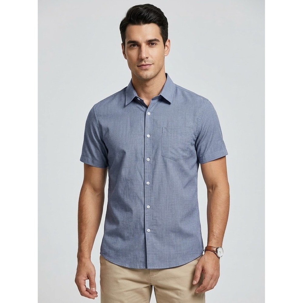 Coofandy Mens Short Sleeve Linen Blend Button Down Shirt Blue Small NWT